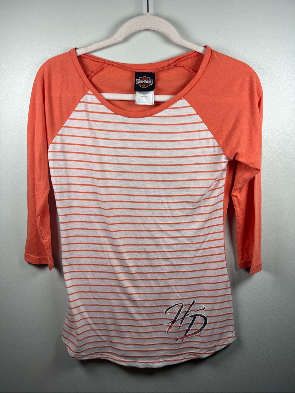HARLEY-DAVIDSON | Orange & White Striped Raglan Tee Size S